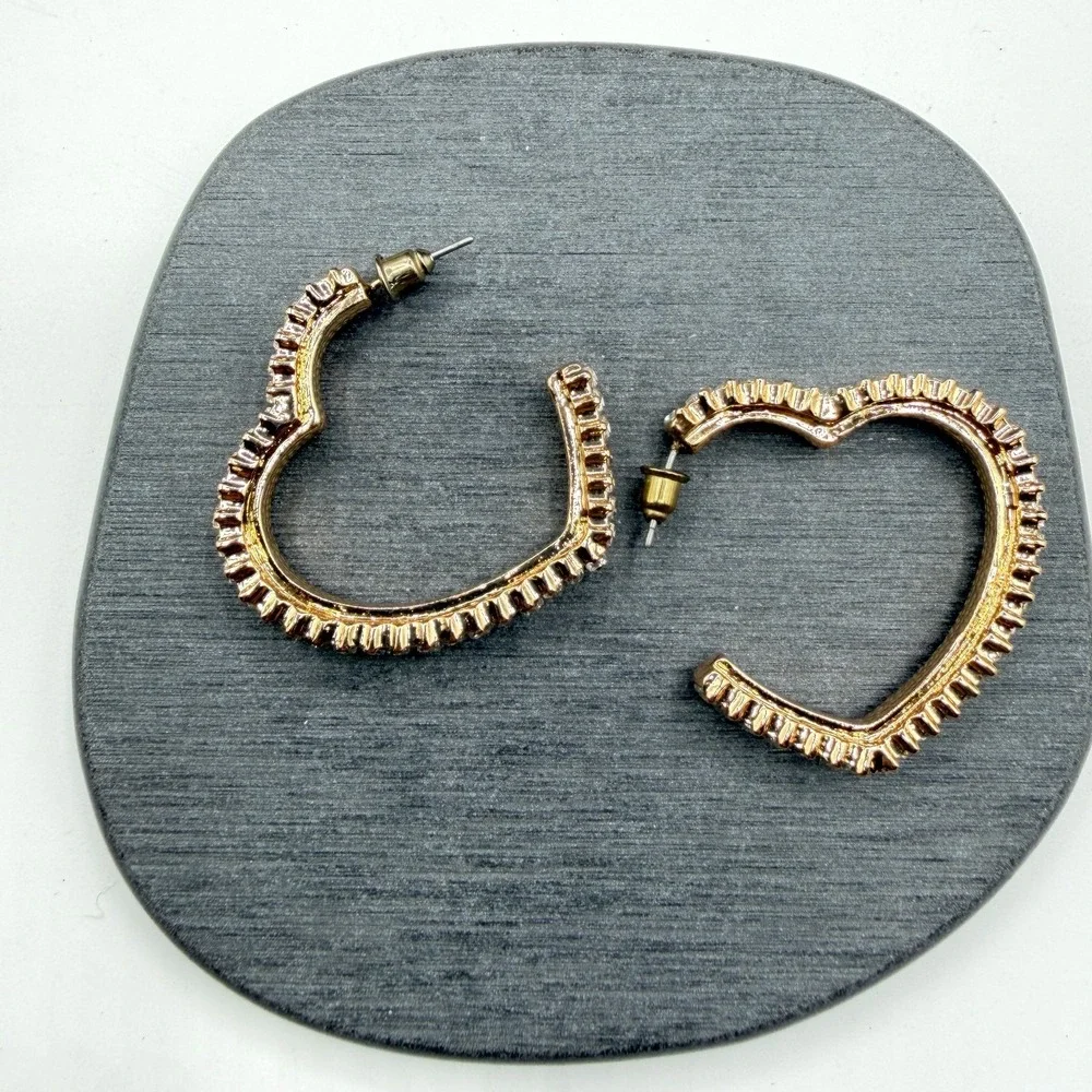 Gold Tone Crystal Baguette Heart Hoop Earrings Statement Romantic Gift for Her